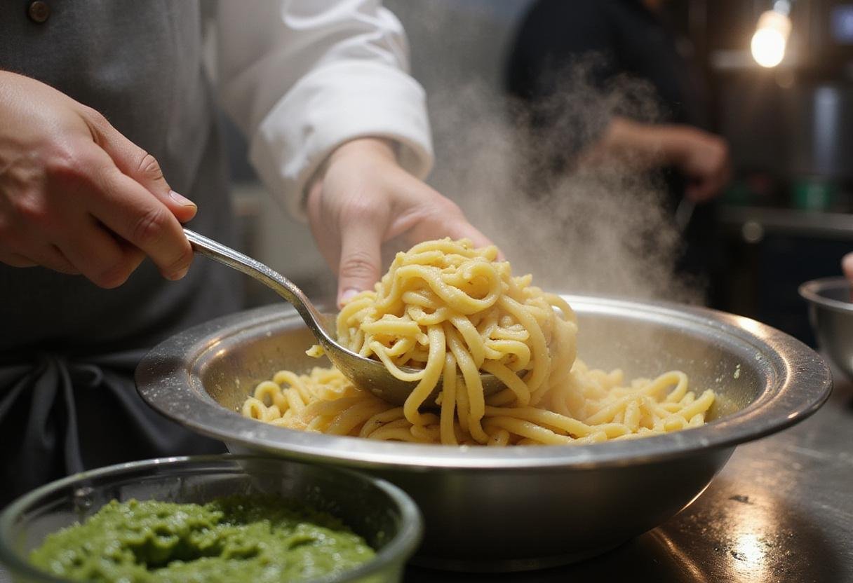 Draining freshly cooked pasta for classic pasta al pesto, preparing to combine it with the homemade basil pesto sauce.
