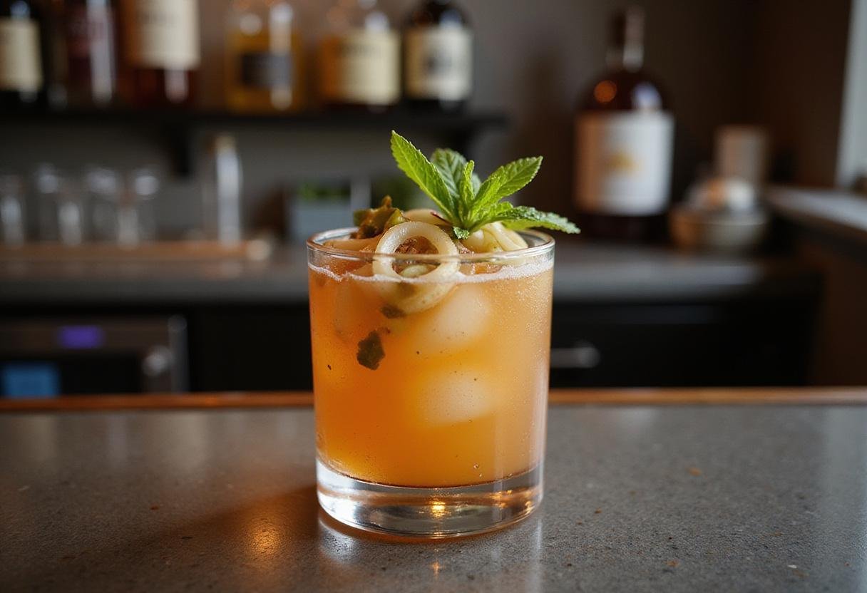 Final presentation of a cocktail with cocktail onions garnish, a must-see for cocktail enthusiasts.