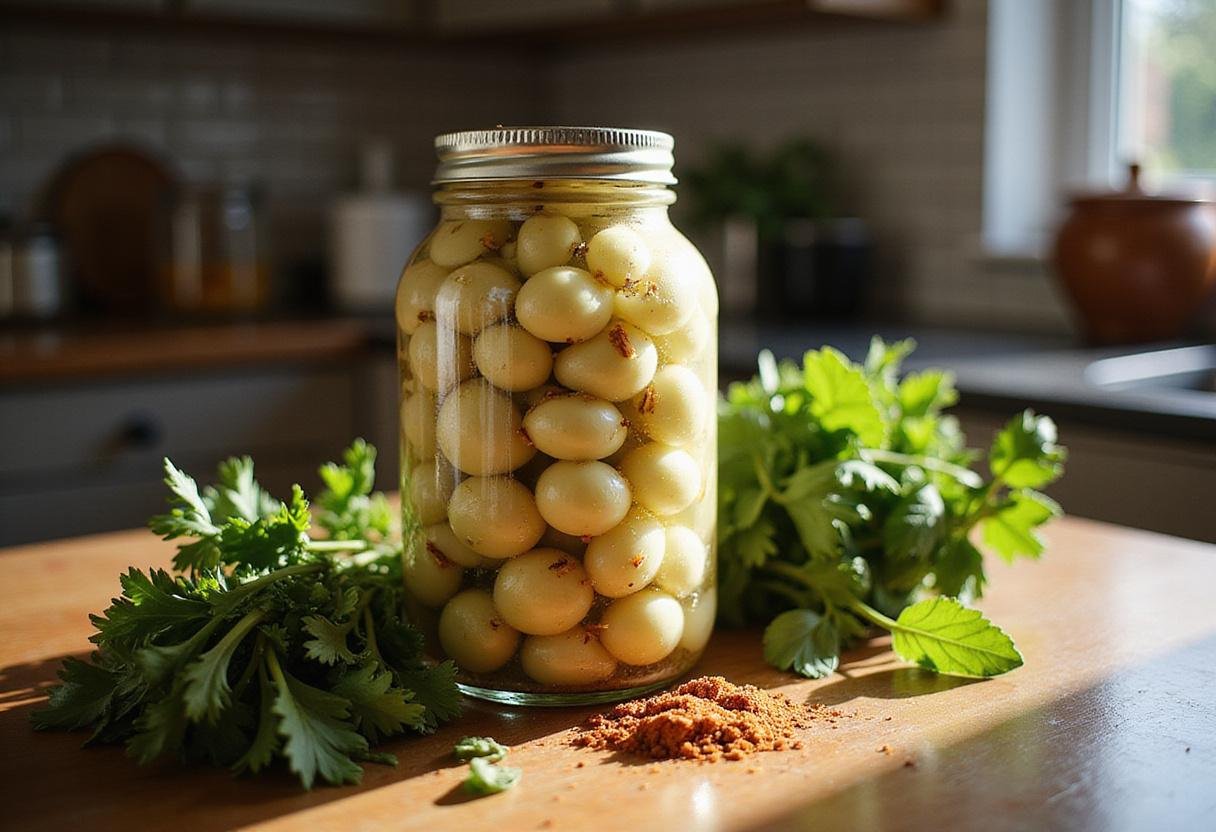 Fresh cocktail onions in a jar, perfect for garnishing cocktails and adding flavor.