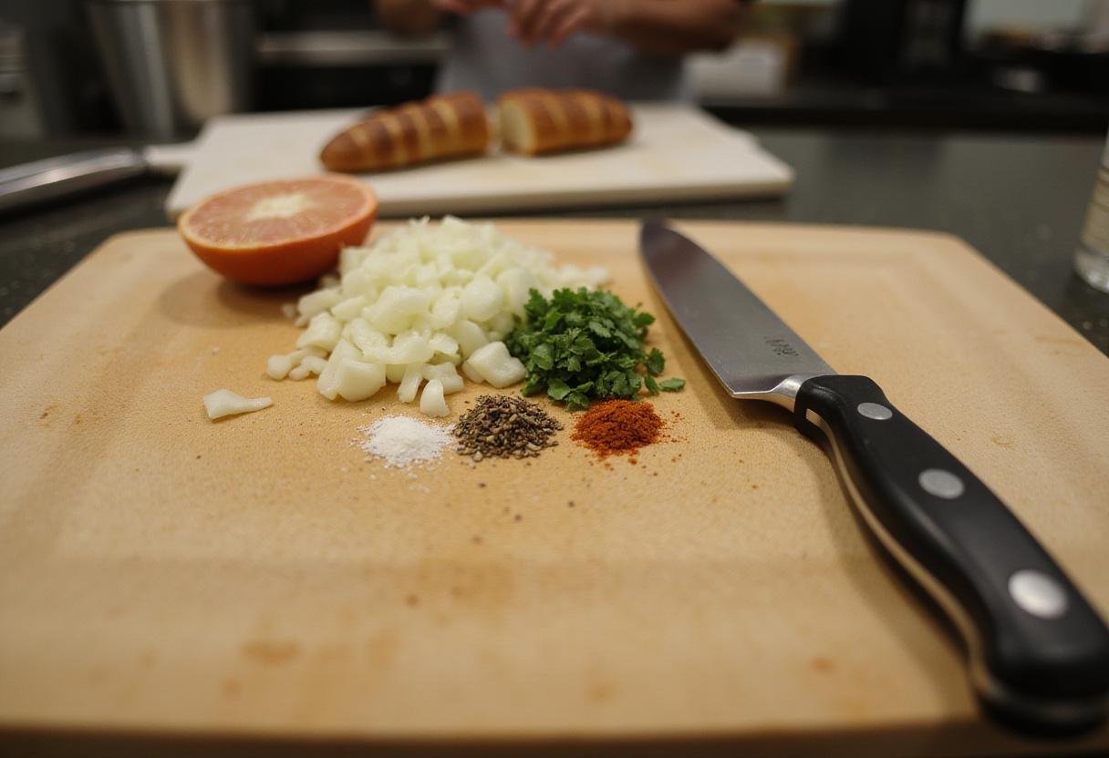 Preparation of cocktail onion garnish with fresh ingredients in a lively kitchen setting.