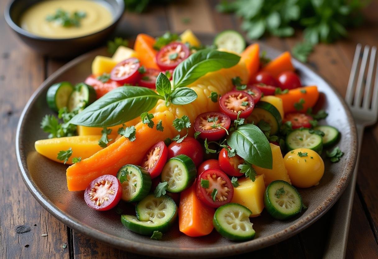A colorful fresh vegetable chart beautifully arranged and garnished, showcasing an assortment of vegetables ready to enjoy.