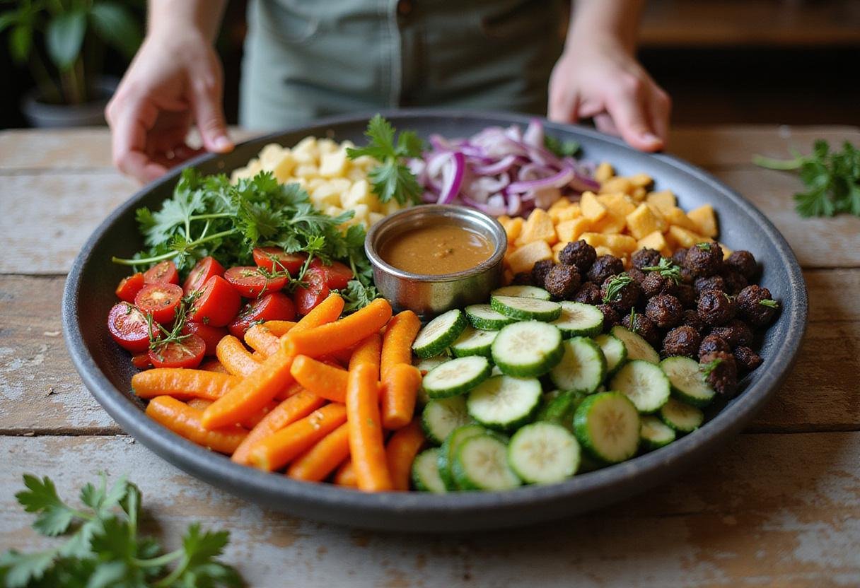 A colorful fresh vegetable chart beautifully arranged and garnished, showcasing an assortment of vegetables ready to enjoy.