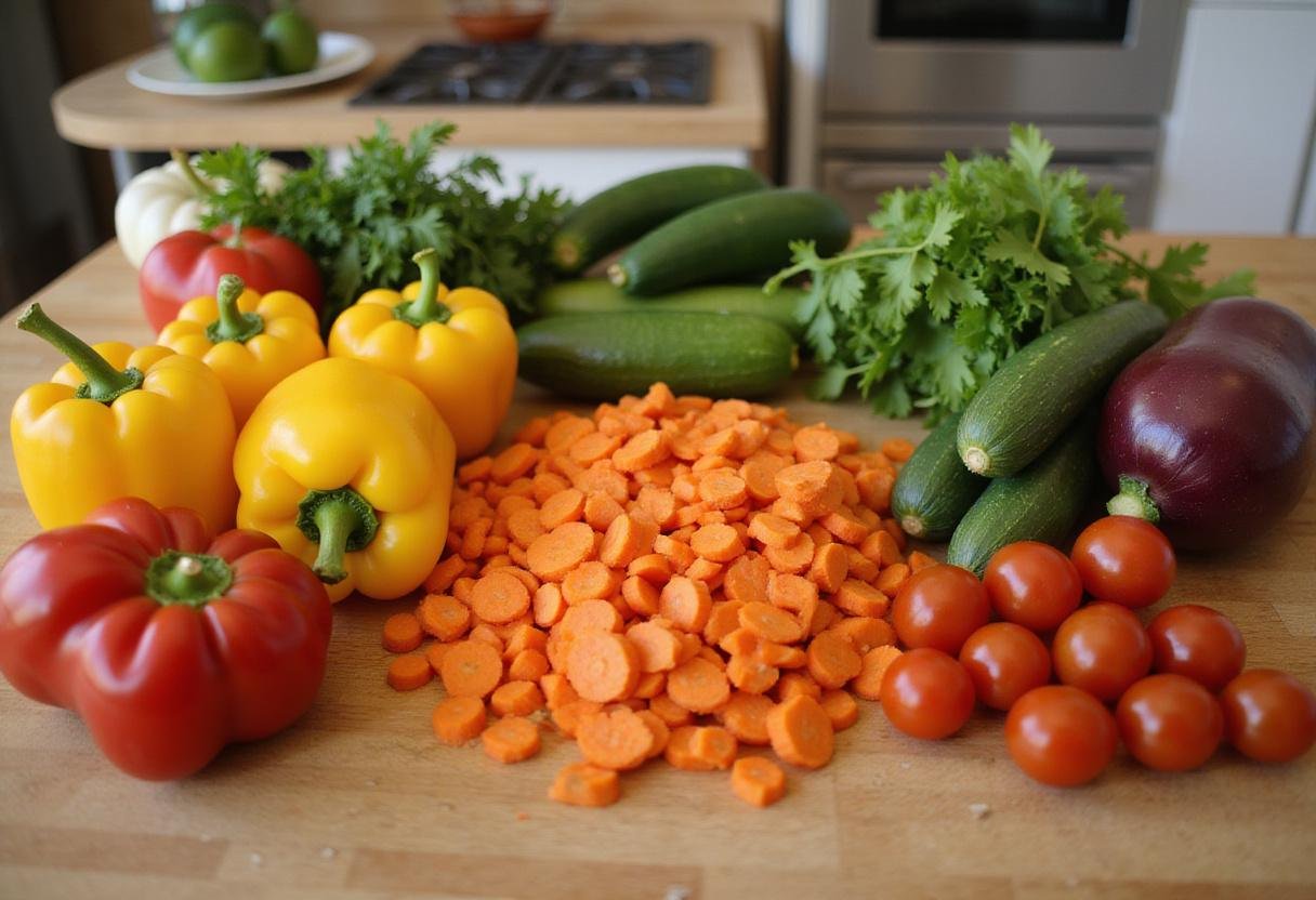 An array of fresh vegetables on a kitchen table for a colorful vegetable chart, featuring bell peppers, carrots, and cucumbers.