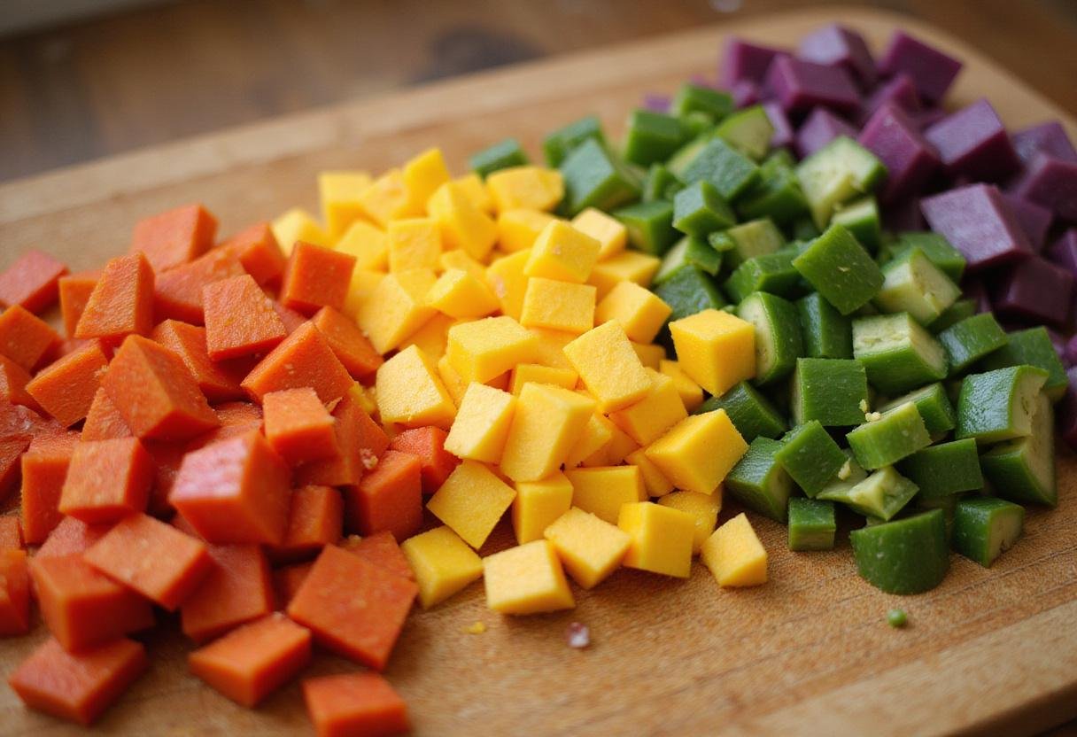 Chopped colorful vegetables on a cutting board, ideal for creating a beautiful and fresh vegetable chart.
