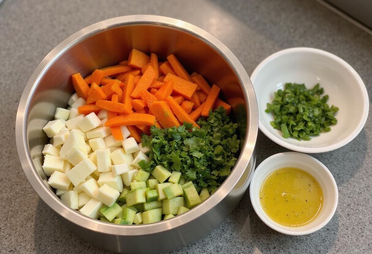 A mixing bowl with an assortment of chopped fresh vegetables and a vinaigrette dressing on the side, perfect for a vegetable chart.