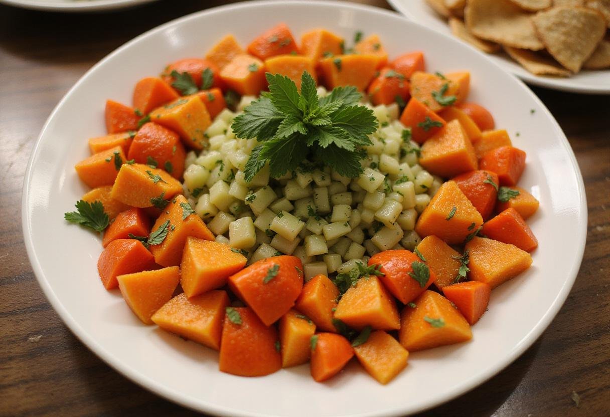 A stunning vegetable chart served on a platter, featuring colorful chopped vegetables arranged in an attractive design with herbs.