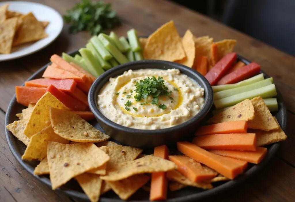 Final presentation of corn and cream cheese dip, elegantly served with tortilla chips and fresh veggies for an inviting appetizer spread.