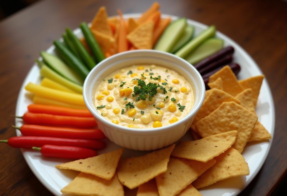Final presentation of corn and cream cheese dip, elegantly served with tortilla chips and fresh veggies for an inviting appetizer spread.