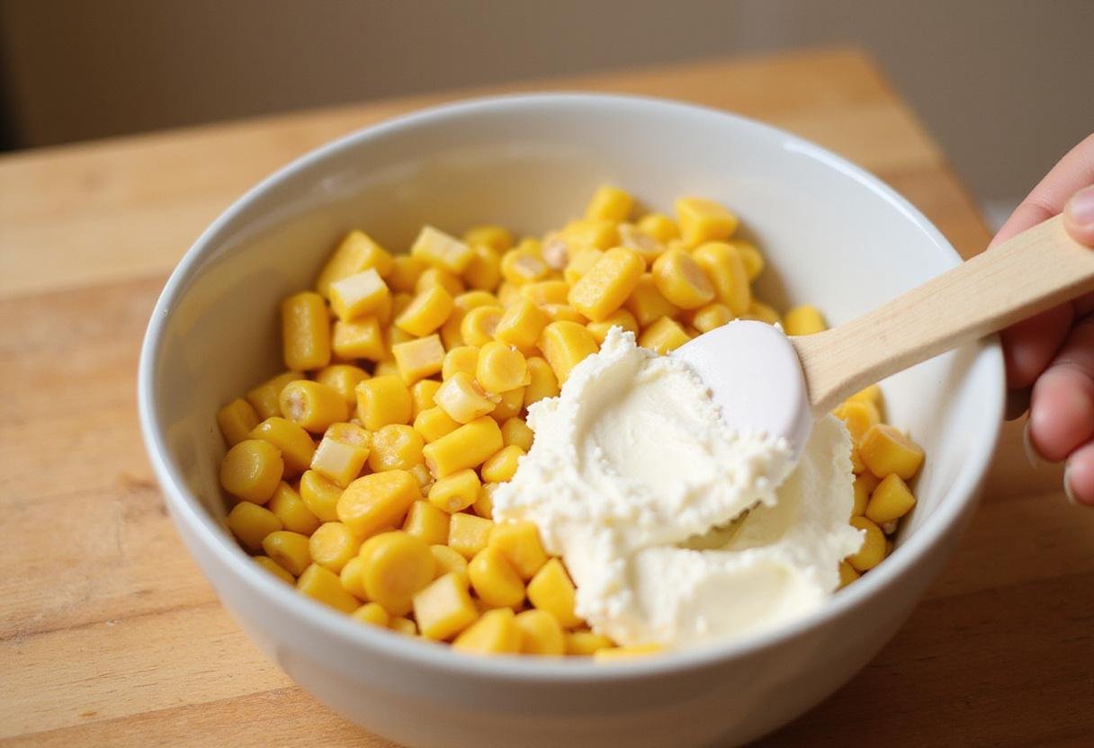 Creamy corn and cream cheese dip preparation with sweet corn kernels and cream cheese in a rustic kitchen.