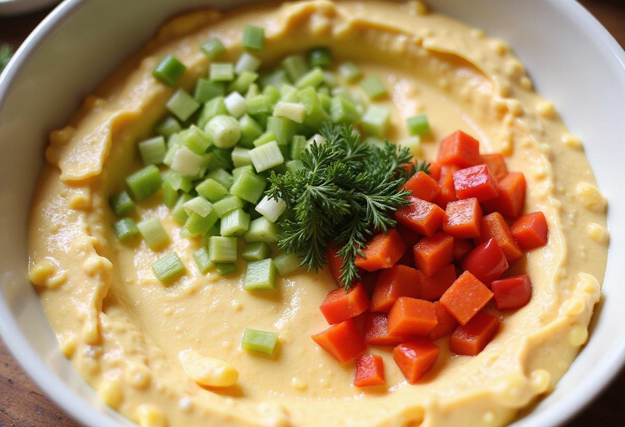 Colorful ingredients for cream cheese corn dip being added, featuring chopped veggies in a bright kitchen setting.