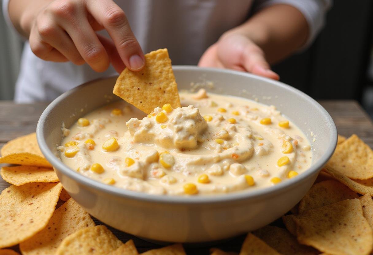 Stirring the creamy corn and cream cheese dip in a mixing bowl, surrounded by crispy tortilla chips for serving.