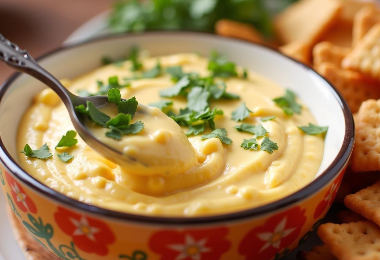 Delicious corn and cream cheese dip served in a decorative bowl, ready to be enjoyed with snacks in a festive setting.