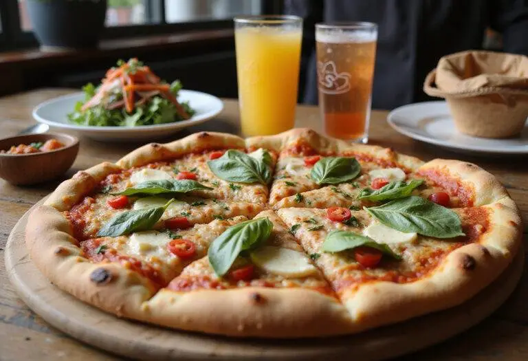 Costco frozen pizza perfection displayed on a dining table, beautifully arranged with a completed Motor City pizza and side dishes for a perfect meal experience.