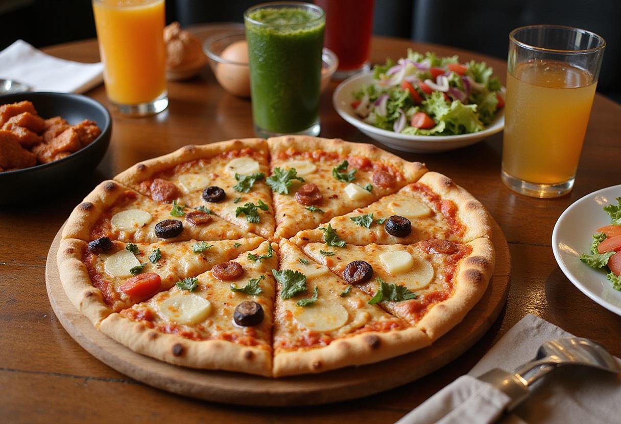 Costco frozen pizza perfection displayed on a dining table, beautifully arranged with a completed Motor City pizza and side dishes for a perfect meal experience.