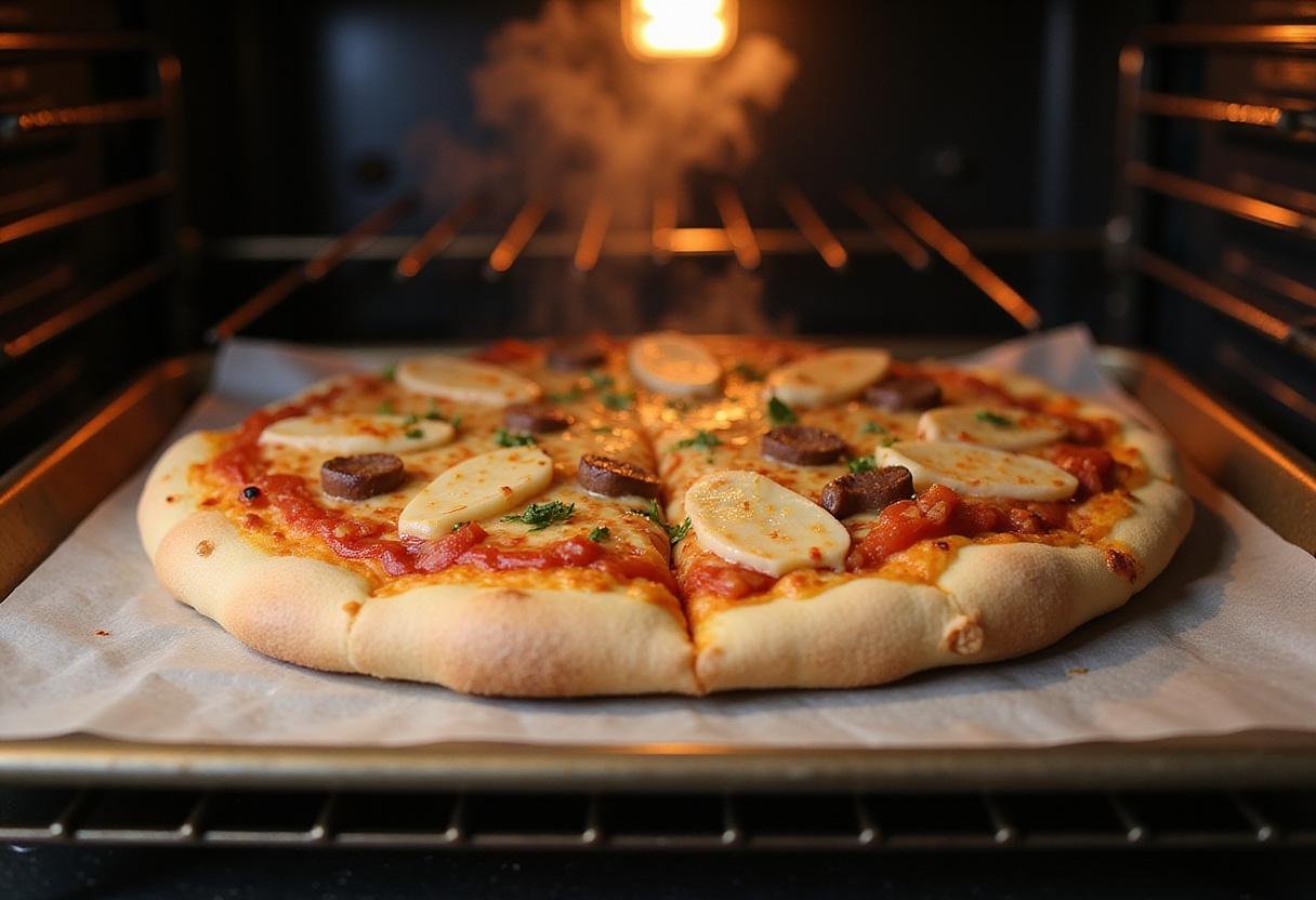 Motor City pizza cooking instructions featuring a frozen pizza on a baking sheet, preparing to go into a preheated oven for an irresistible crispy crust.