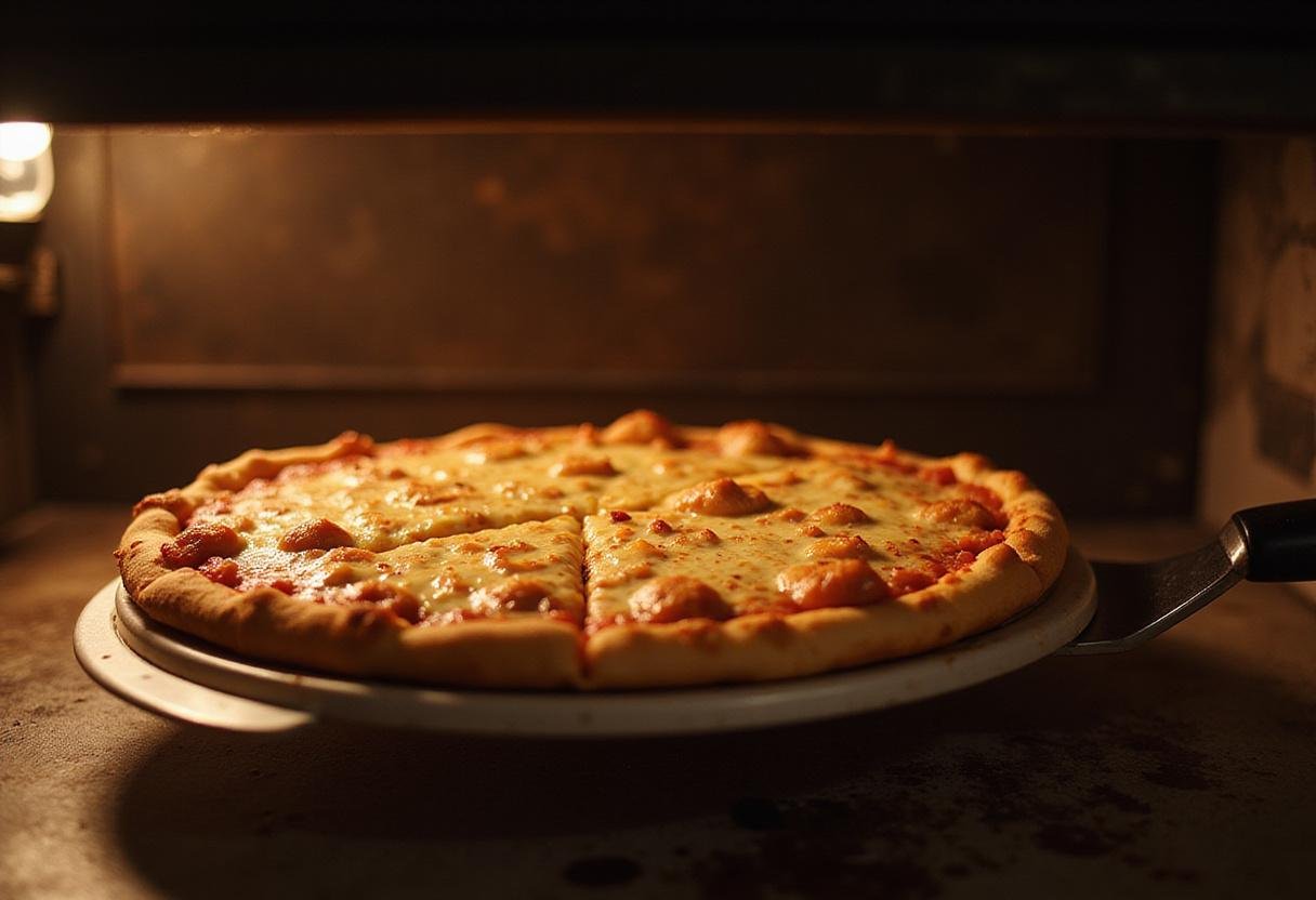 Costco frozen pizza perfection depicted with a bubbling Motor City pizza just out of the oven, ready to be served and enjoyed by pizza lovers.