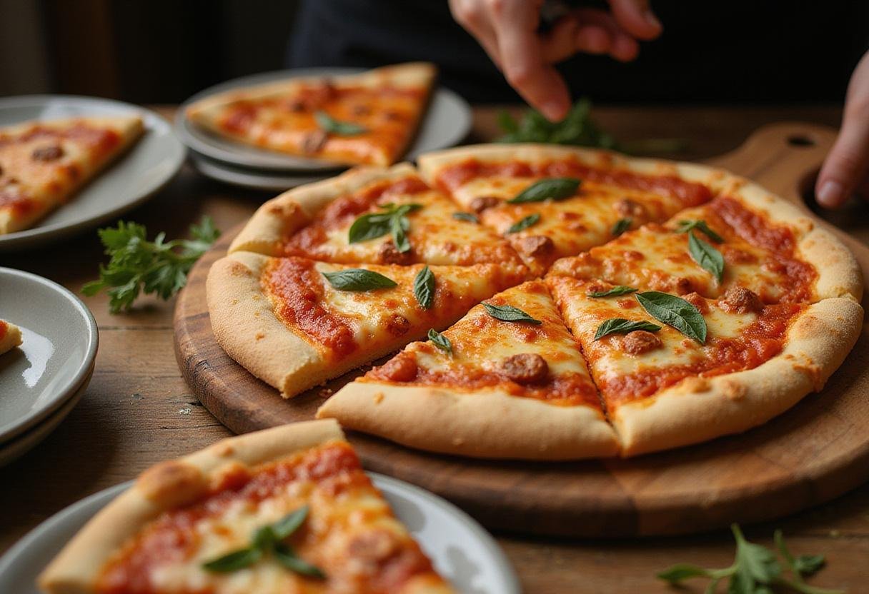 Motor City pizza instructions illustrated as a freshly sliced pizza on a wooden cutting board, perfect for sharing with family and friends at home.