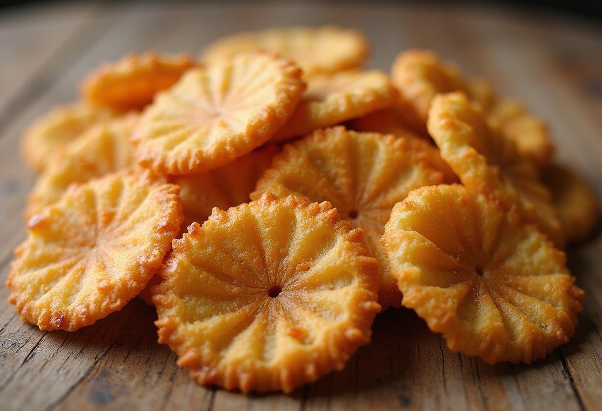 Delicious crunchy funyun potato chips presented on a wooden table, capturing the essence of homemade snack perfection.