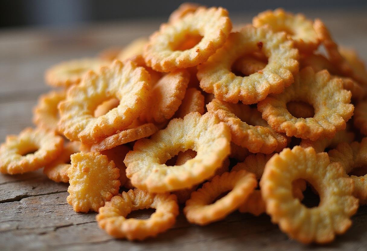 Delicious crunchy funyun potato chips presented on a wooden table, capturing the essence of homemade snack perfection.