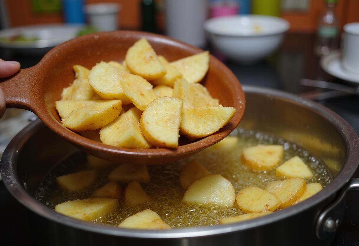 Freshly sliced potatoes frying in oil for crunchy funyun potato chips, creating a delightful snack in a homey kitchen.