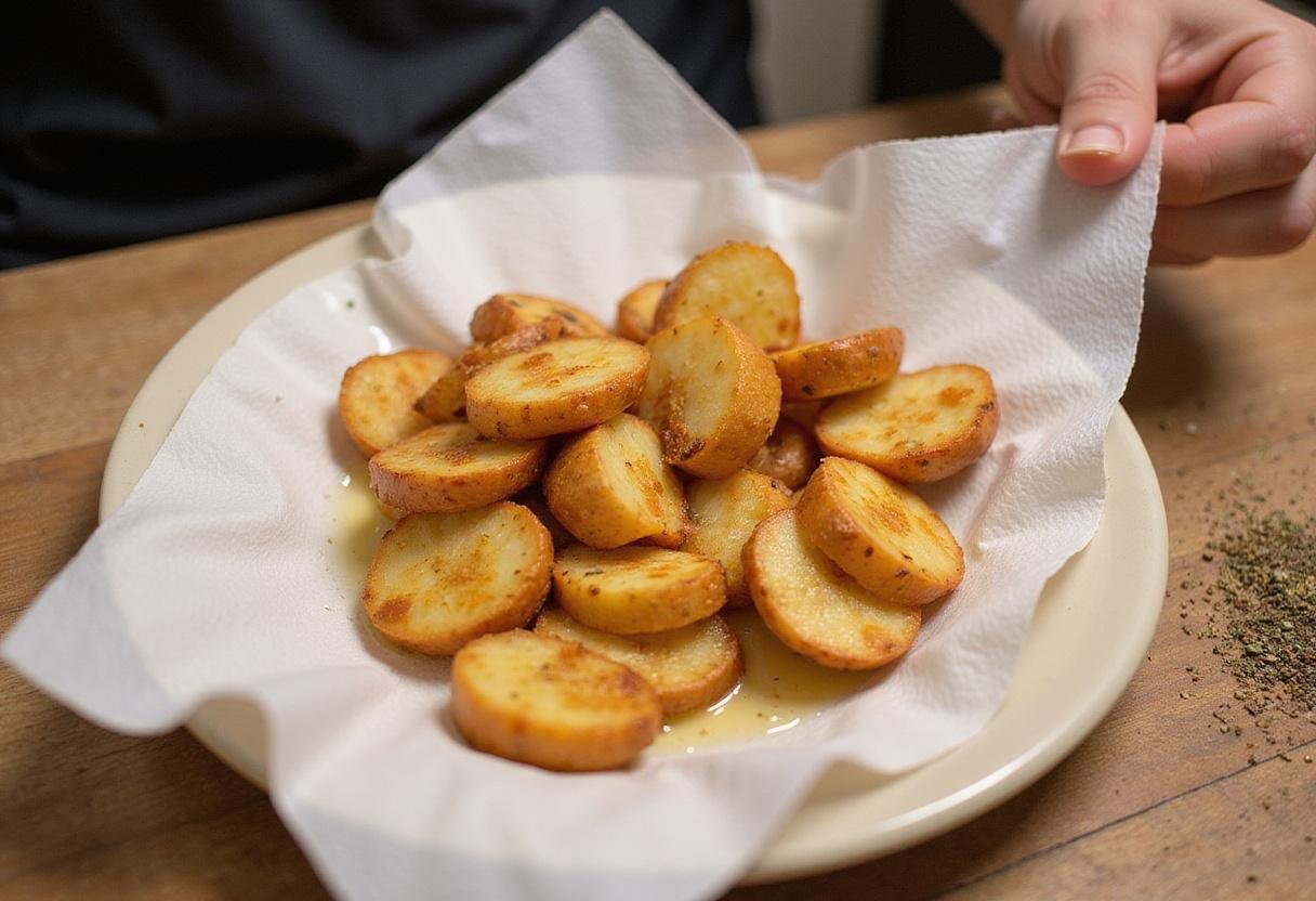 Draining excess oil from fried potato slices for perfect crunchy funyun potato snacks, showcasing the cooking process at its best.