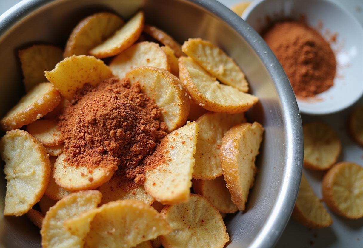 Seasoning crispy potato slices for delicious funyun potato chips, highlighting a flavorful snack preparation in action.