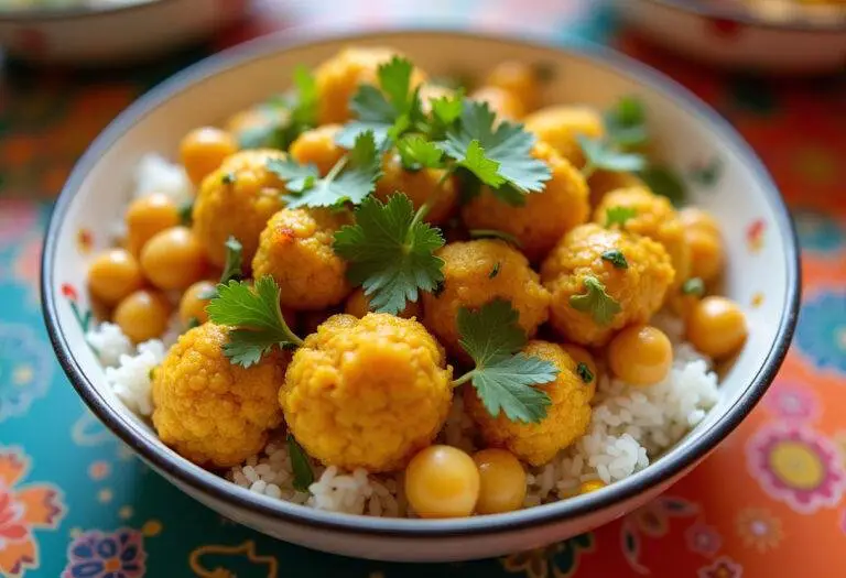 Finished Curried Chickpea & Cauliflower Bowl garnished with cilantro, perfect for a nutritious meal.