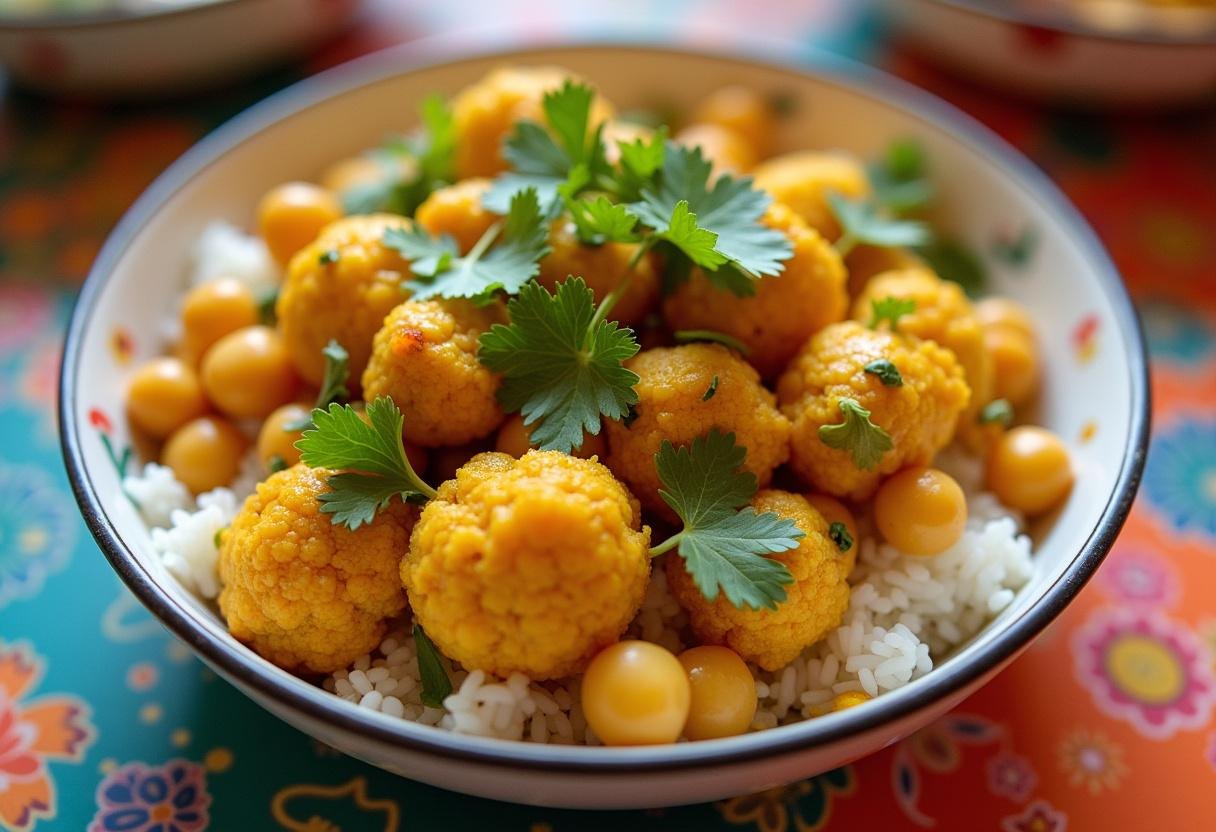 Finished Curried Chickpea & Cauliflower Bowl garnished with cilantro, perfect for a nutritious meal.