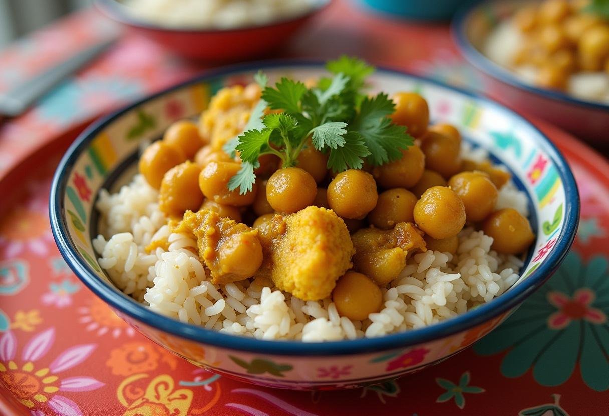 Finished Curried Chickpea & Cauliflower Bowl garnished with cilantro, perfect for a nutritious meal.