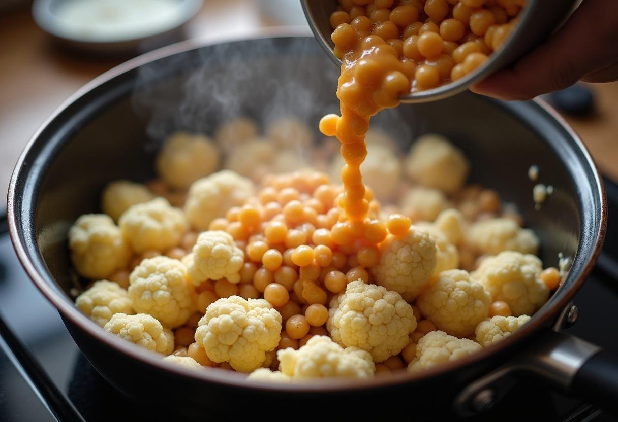 Chopped cauliflower and chickpeas added to the pot for the Curried Chickpea & Cauliflower Bowl.