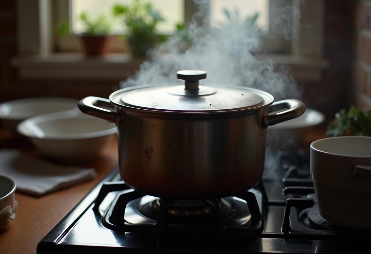 Pot simmering with curried chickpea and cauliflower mixture, ready to serve in bowls.