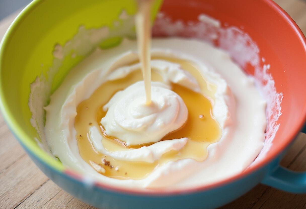 Mixing danonino yogurt with honey and vanilla to create a delightful treat for children.