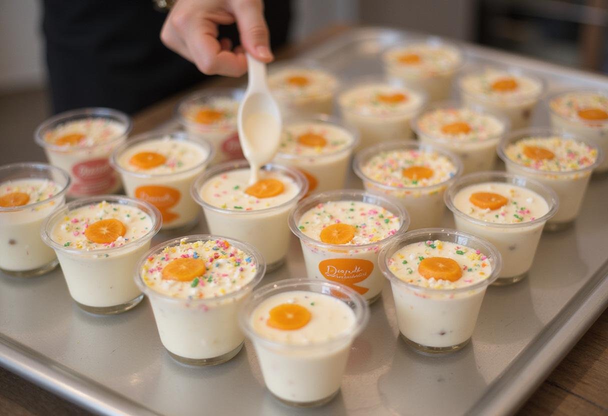 Filling cups with danonino yogurt treat topped with sprinkles and fresh fruit for a kid-friendly snack.