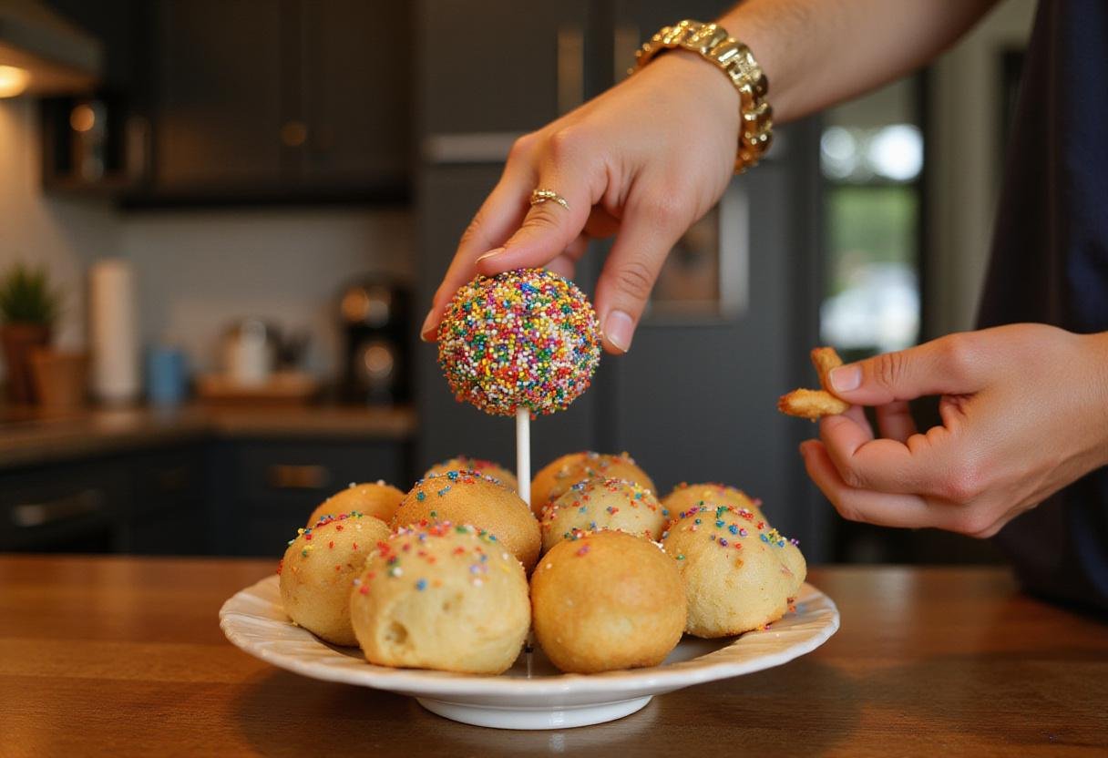 Close-up of a hand selecting a colorful cake pop from an assortment of delicious cake flavors, highlighting the fun of cake pop creation.
