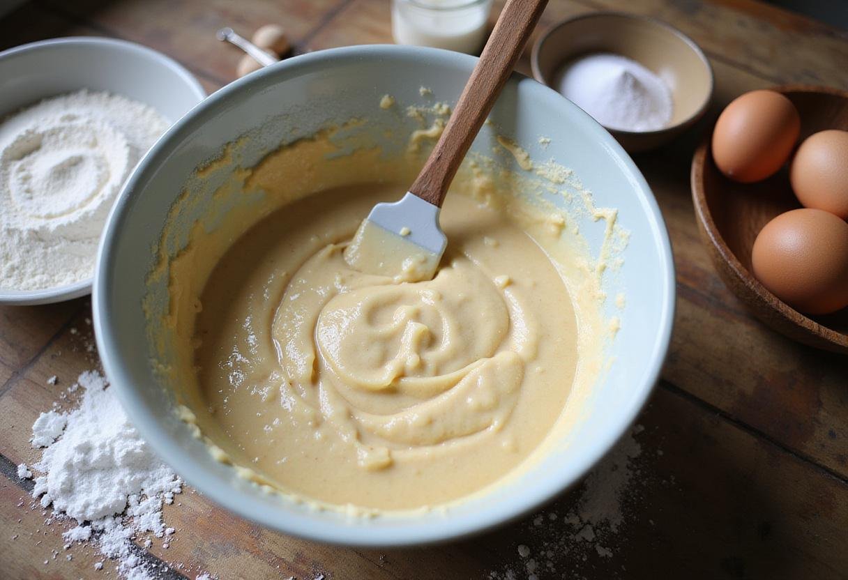 Mixing fluffy cake batter for delicious assorted cake pop flavors, with ingredients like flour, sugar, and eggs on a rustic kitchen countertop.