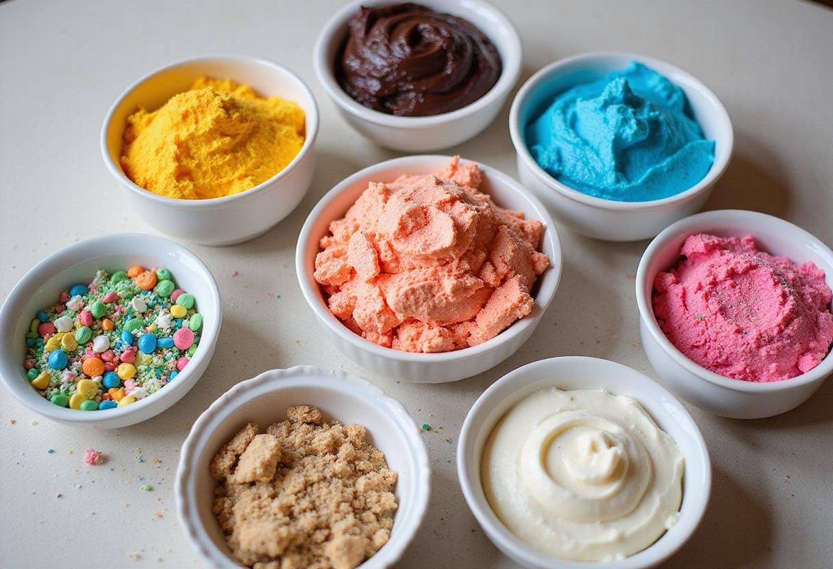Colorful cake crumbs in bowls, preparing to create assorted cake pop flavors for a delightful dessert experience.