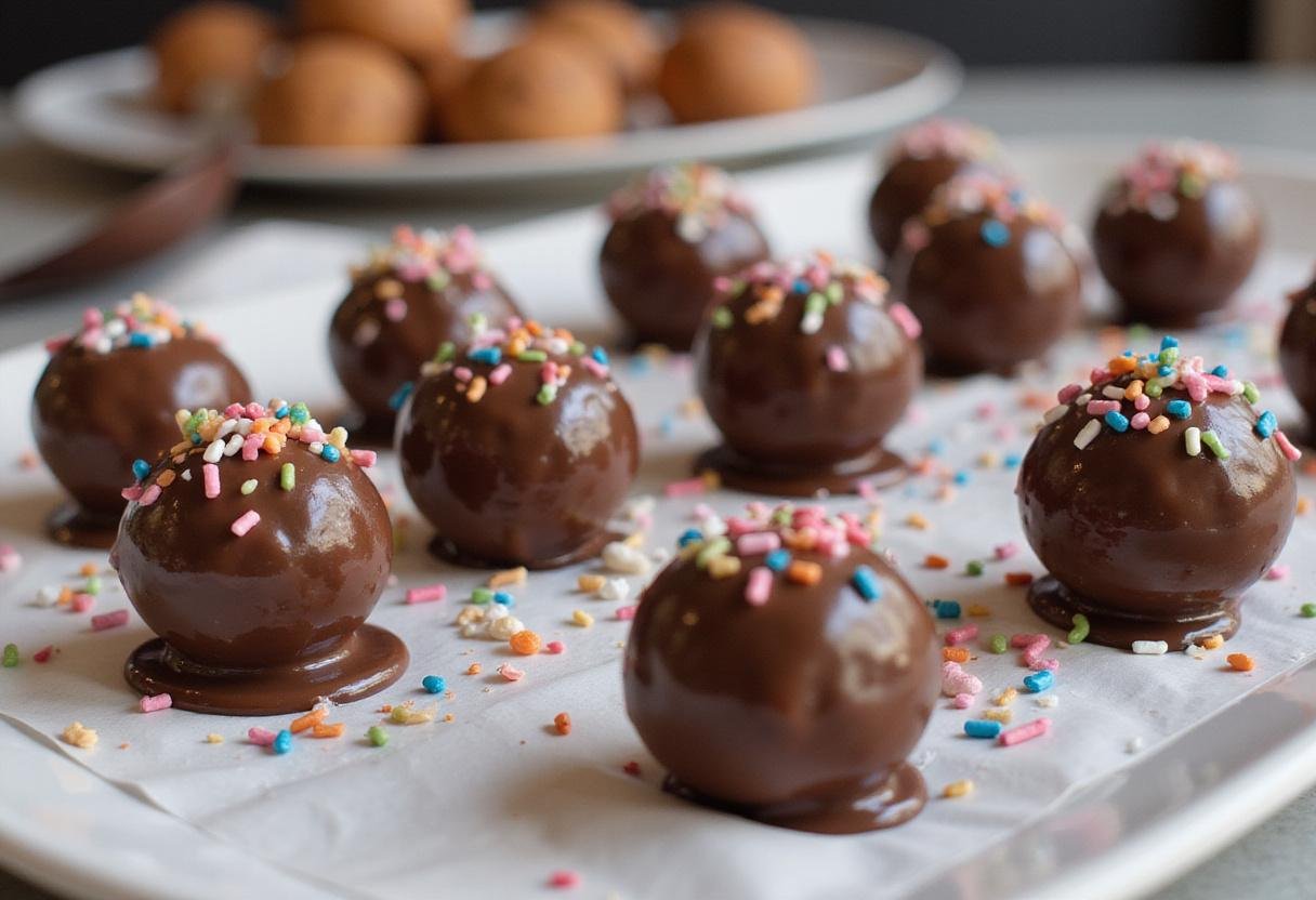Dipping cake balls into melted chocolate, creating assorted cake pop flavors with tempting sprinkles and toppings.
