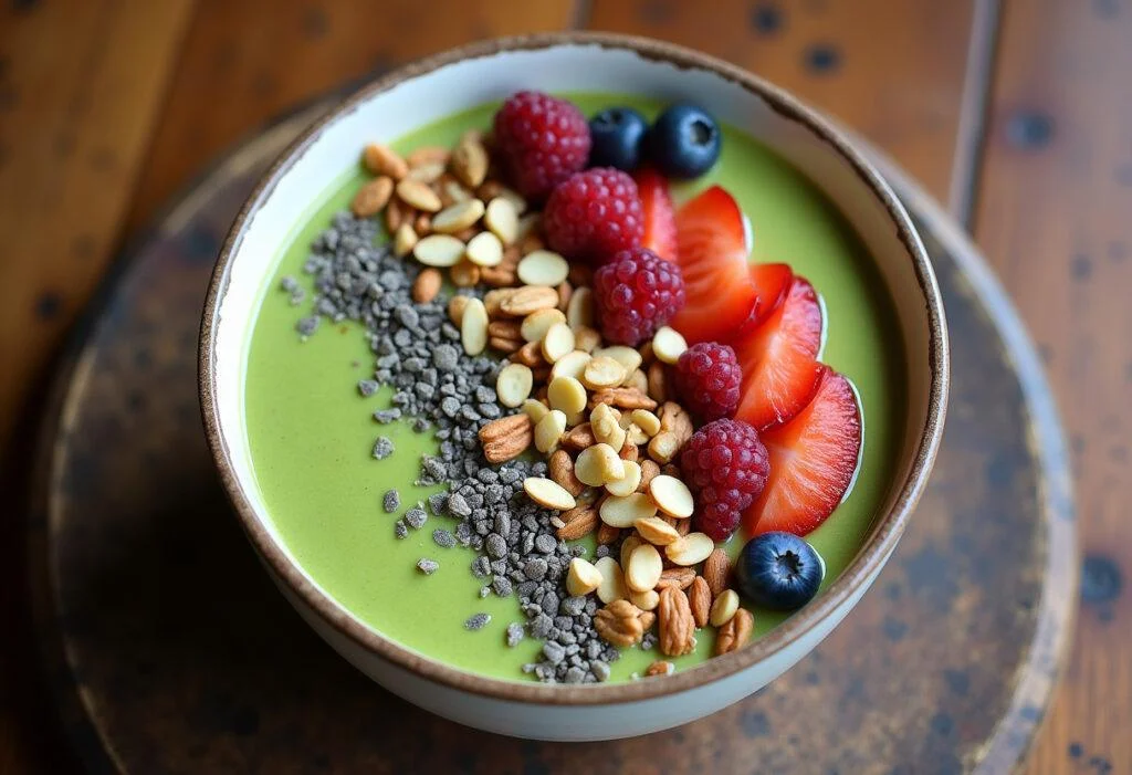 Finished Detoxifying Green Smoothie Bowl with fresh toppings, perfect for a healthy meal.