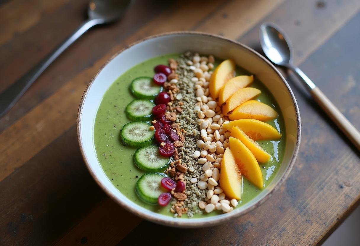 Finished Detoxifying Green Smoothie Bowl with fresh toppings, perfect for a healthy meal.