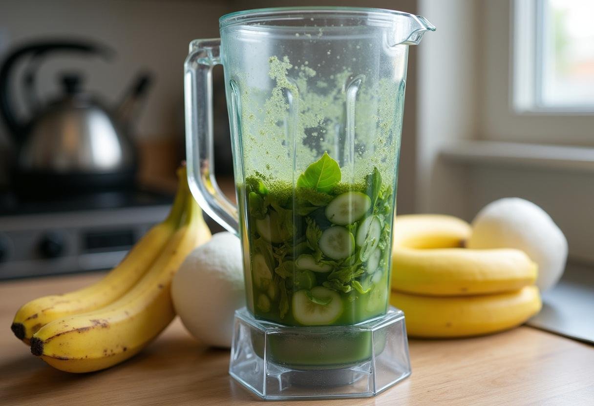 Ingredients for the Detoxifying Green Smoothie Bowl ready to be blended together.