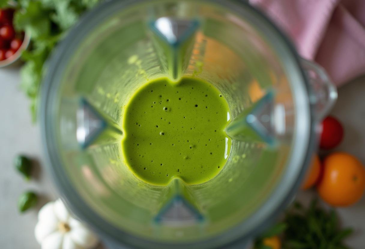Green smoothie being blended for a Detoxifying Green Smoothie Bowl.