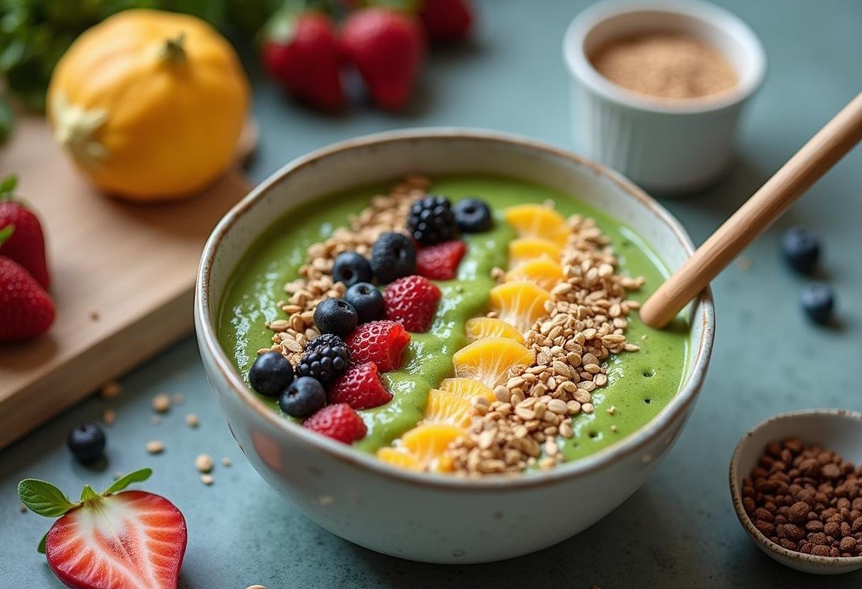 Smoothie mixture poured into a bowl, ready for toppings in a kitchen environment.