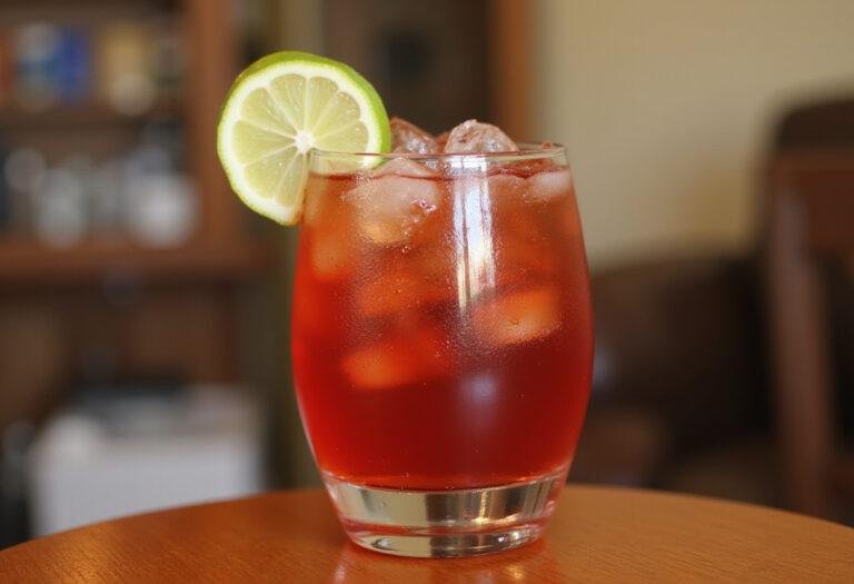Final presentation of a Dr Pepper cocktail, garnished with lime, showcasing the vibrant drink