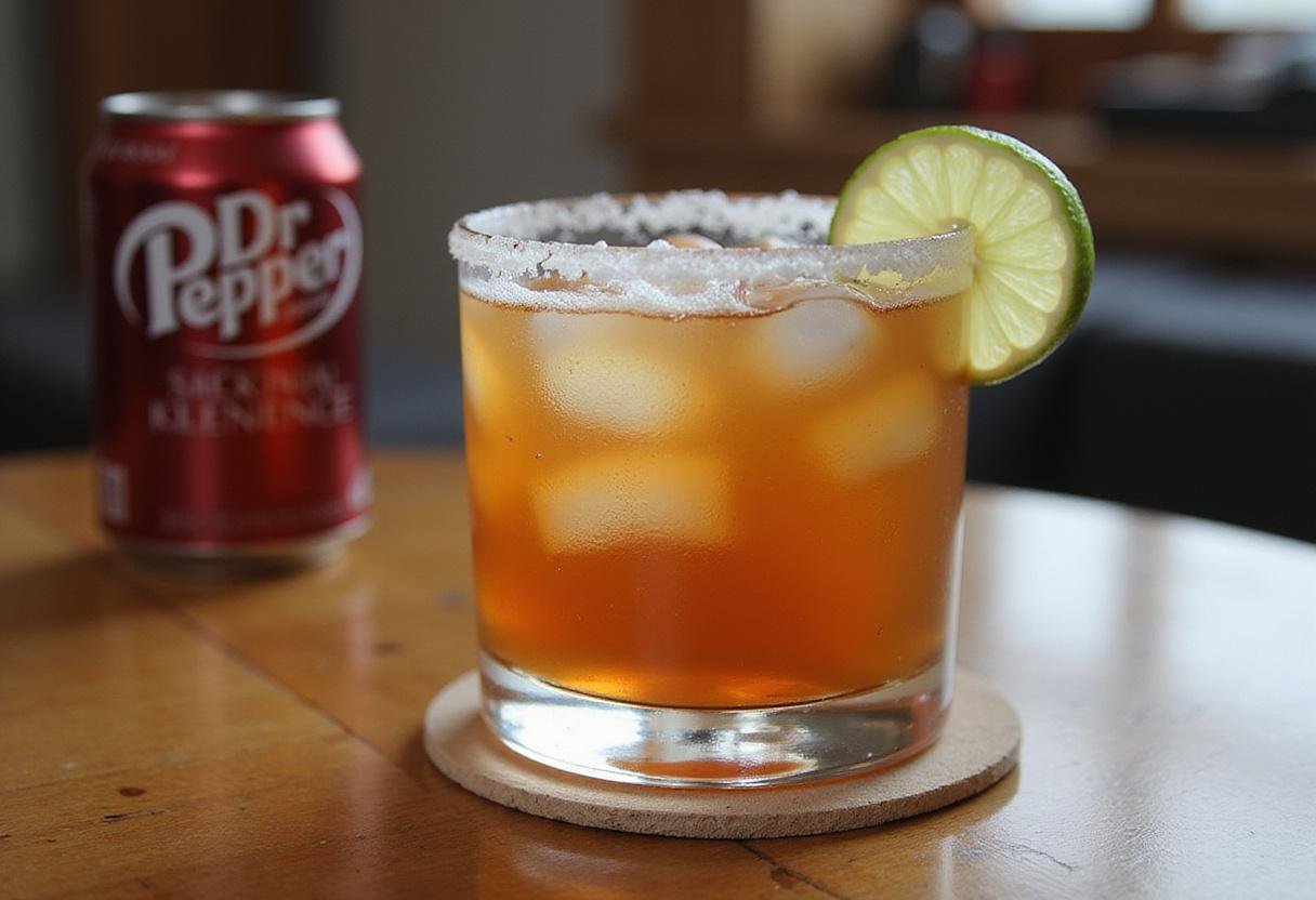 Final presentation of a Dr Pepper cocktail, garnished with lime, showcasing the vibrant drink