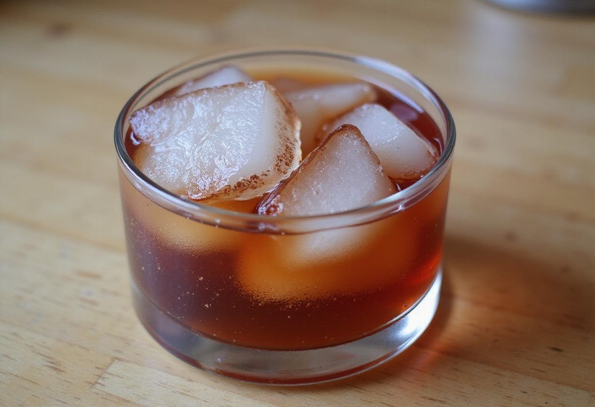 Chilled vodka and ice in a glass, preparing Dr Pepper cocktail ingredients