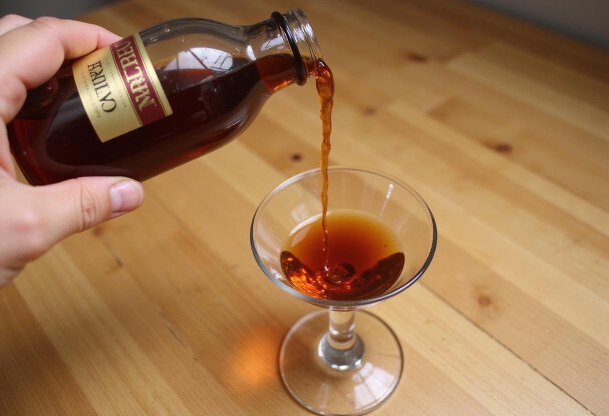 Amaretto liqueur being poured into a glass with ice for a Dr Pepper cocktail