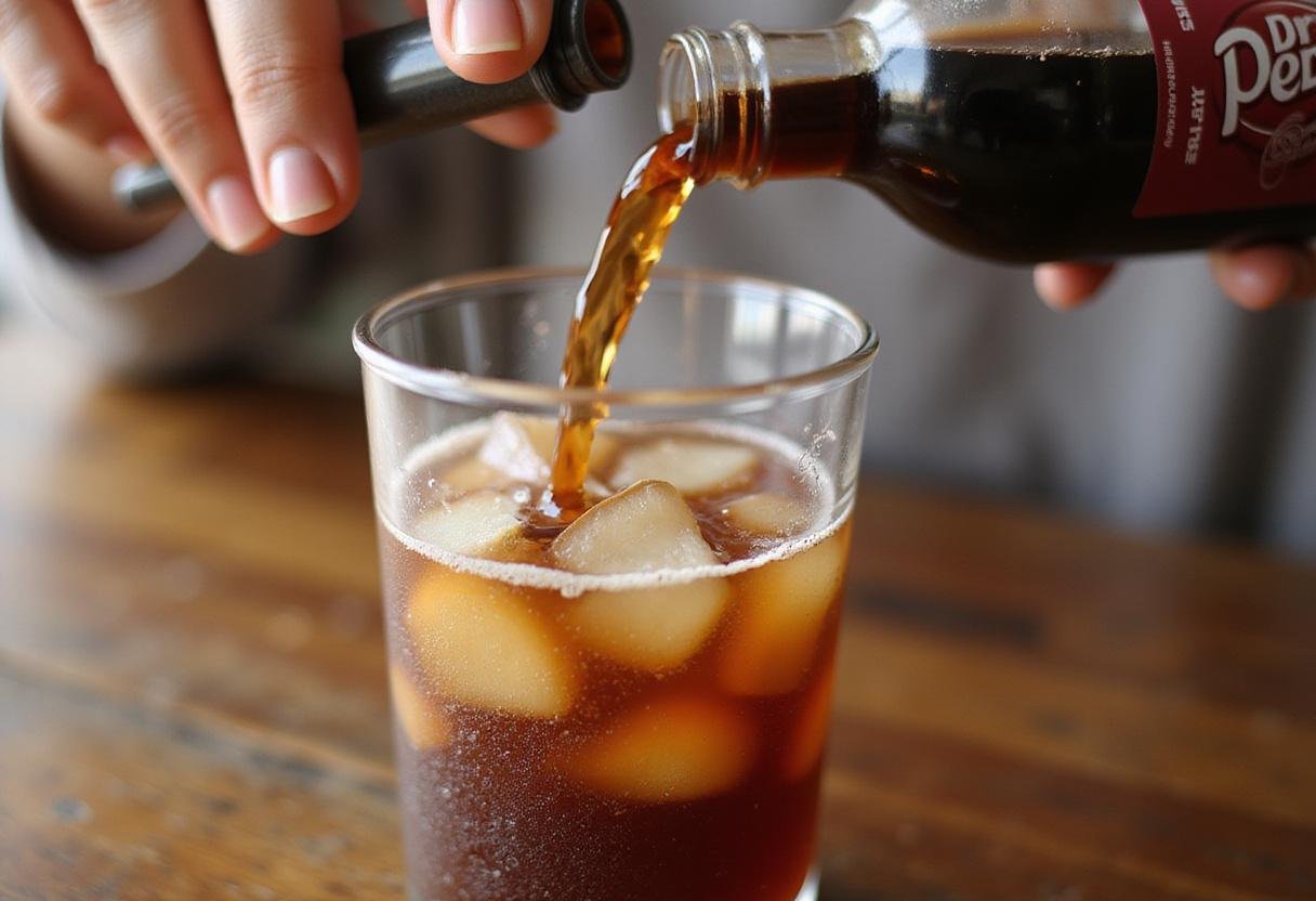 Dr Pepper soda being poured into a glass, completing the Dr Pepper cocktail mix