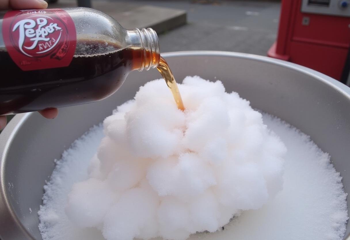 Preparing Dr Pepper cotton candy as a bubbling mixture forms inside a cotton candy machine.
