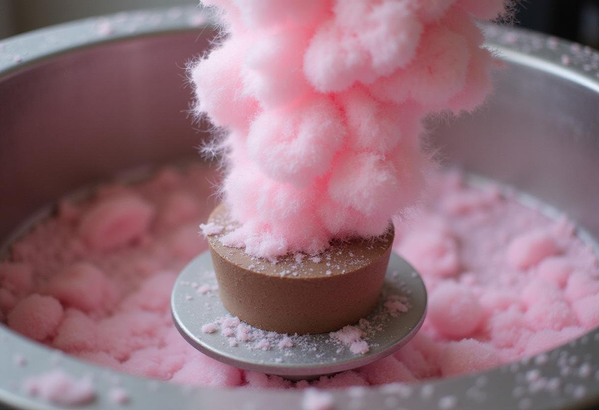 Freshly spun Dr Pepper cotton candy spiraling out of the machine, showcasing its unique color.
