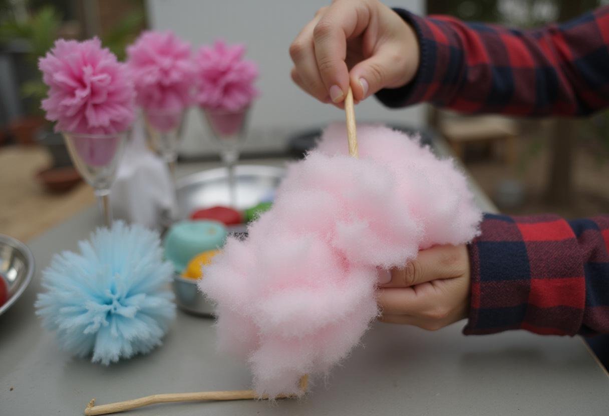 Creating Dr Pepper cotton candy by wrapping fluffy threads around a stick in a colorful setting.